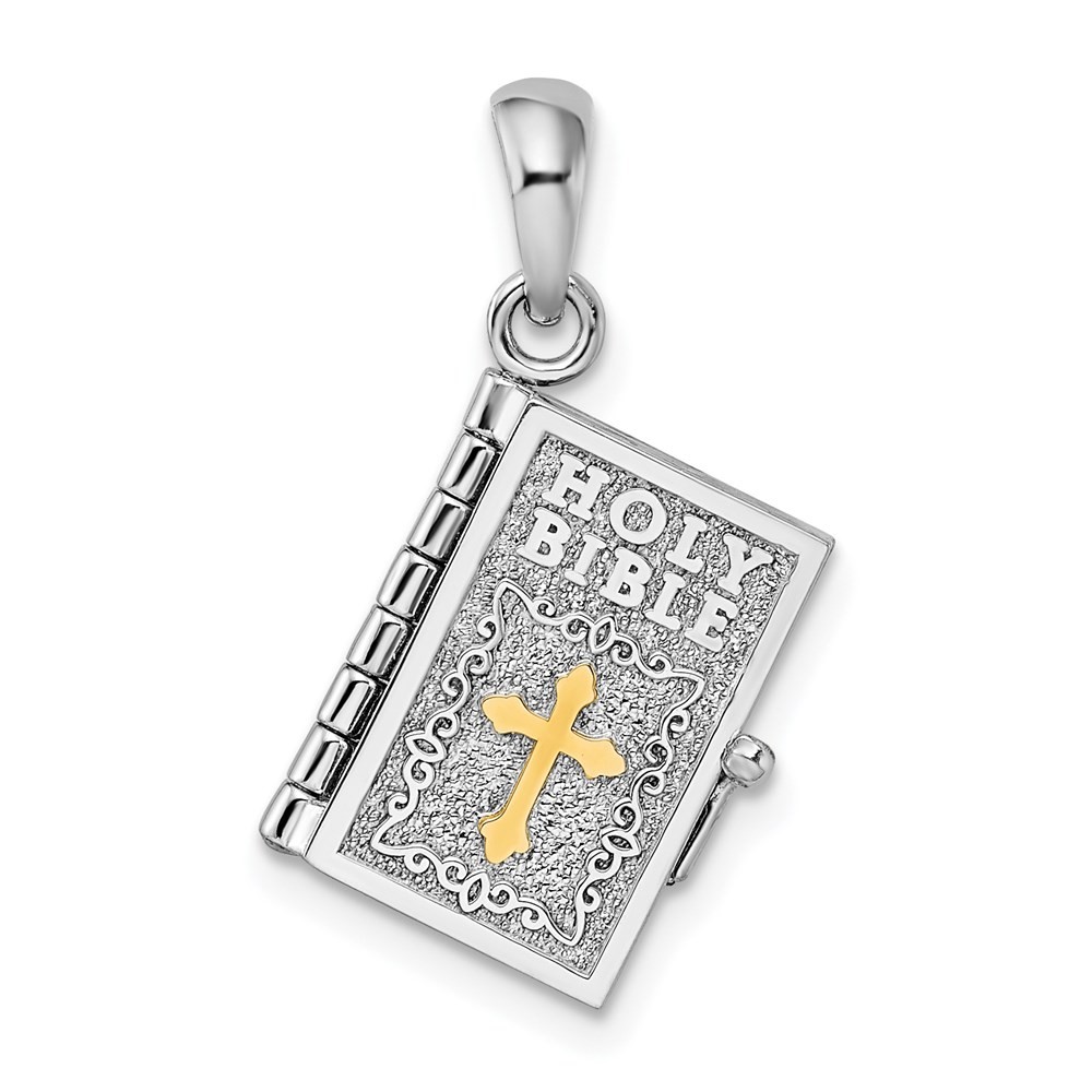 Sterling Silver 3D Lords Prayer Holy Bible with 14k Gold Accents Pendant 2.79gm