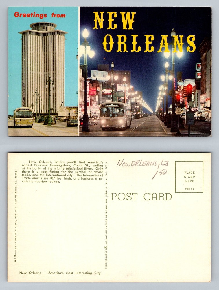 New Orleans, LA-Louisiana, Greetings Canal Street Night Lights Vintage Postcard