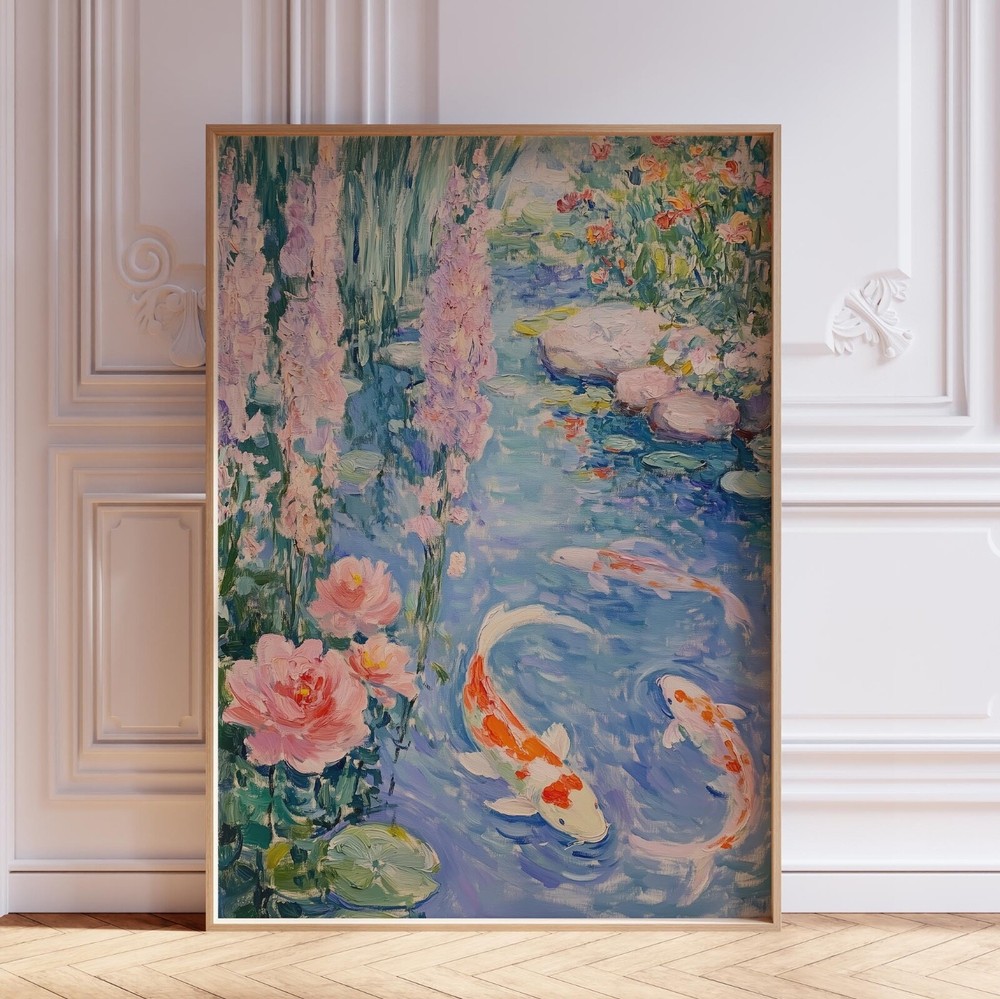 Japanese Koi Fish in Pond Japandi Wall Art Print