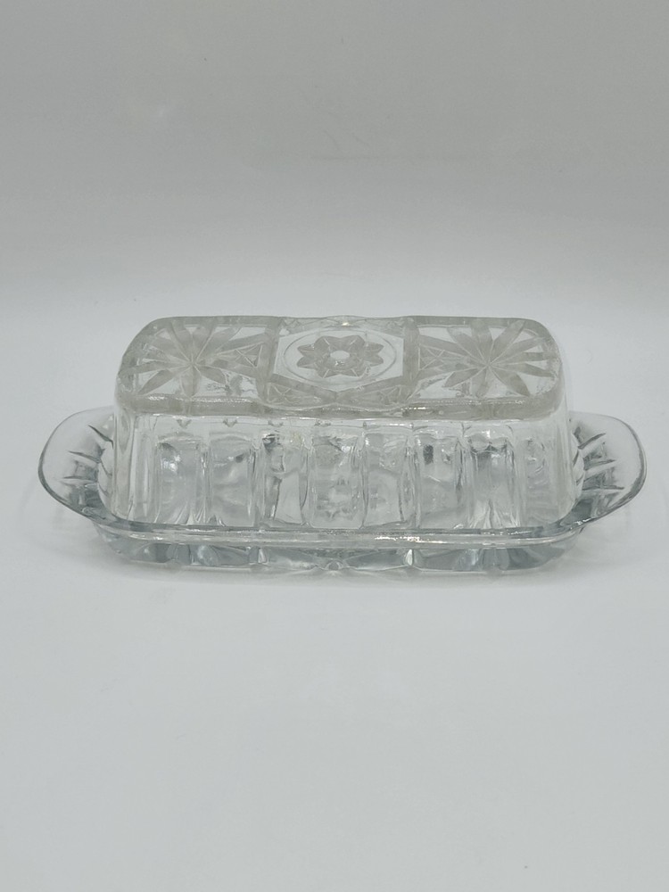 Vintage Pressed Glass Butter Dish With Lid Starburst Pattern Clear Rectangle