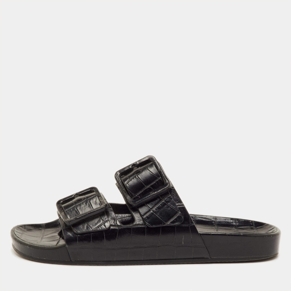 Balenciaga Mallorca Size 41 Black Croc Embossed Leather Banded Buckle Slide