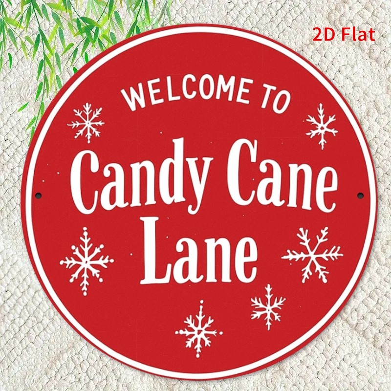 Vintage Candy Cane Lane Welcome Tin Metal Signs Home Décor 7.8 Inch Round Red