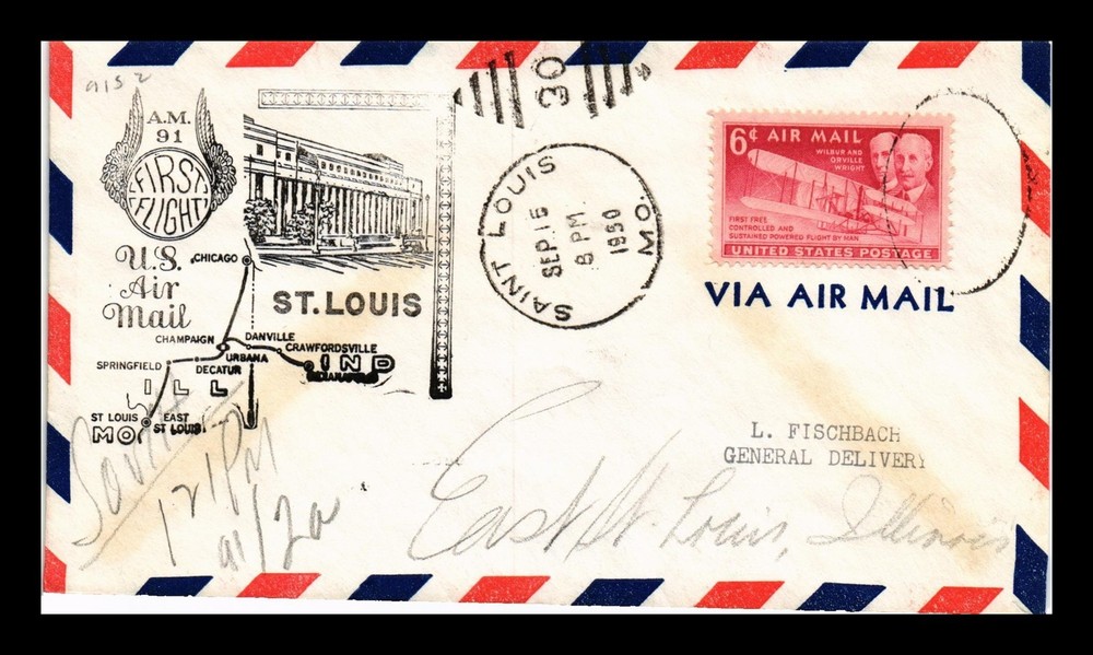 Dr Jim Stamps Us Cover First Flight Air Mail Am 91 St Louis Missouri