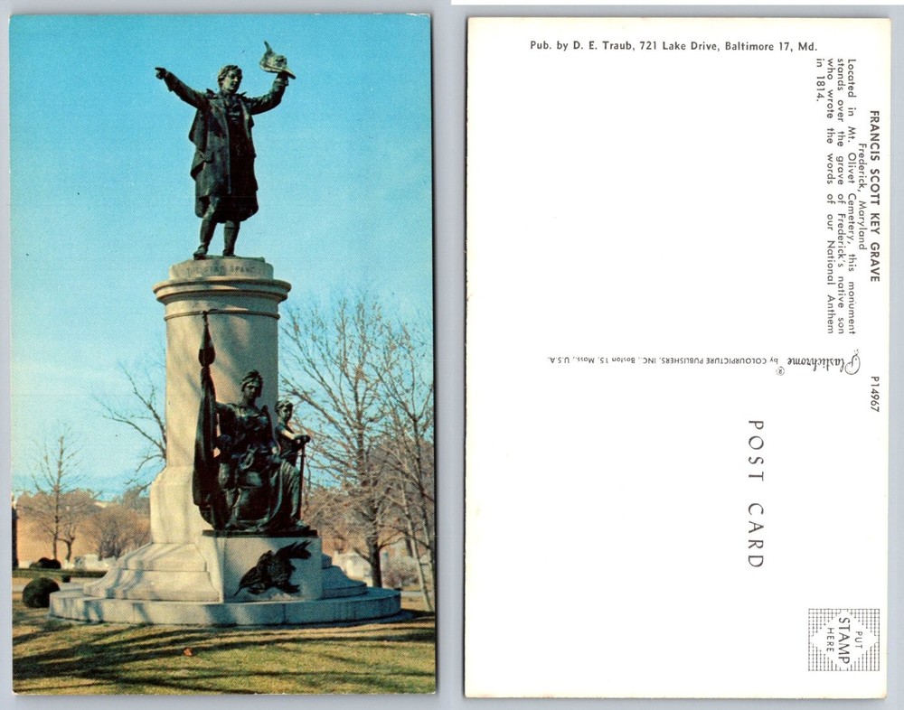 Francis Scott Key Grave Monument Frederick MD Plastichrome Postcard