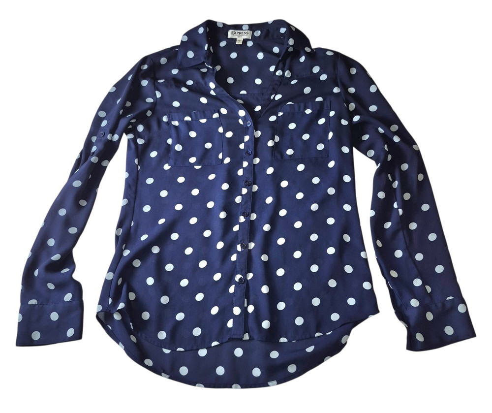 Express Blue/White Polka Dot Collared Button-Up Blouse Women's Long Sleeve S