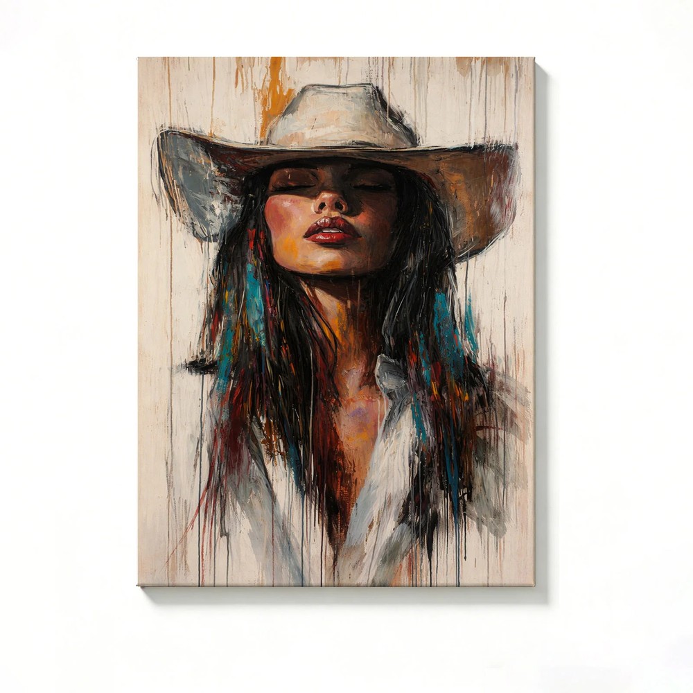 Cowgirl Hat Canvas Painting 2D Flat Frameless Wall Art for Home Office Decor
