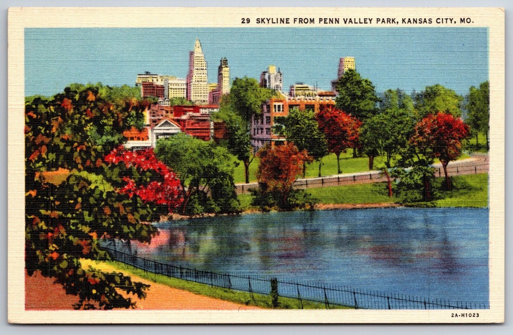 Kansas City Missouri~Skyline View From Penn Valley Park~Vintage Linen Postcard