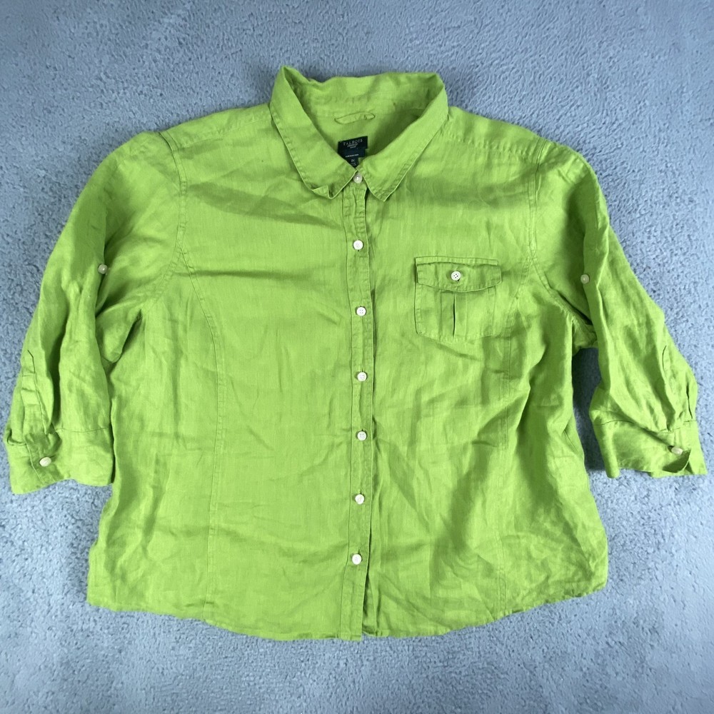 Talbots Shirt Womens 3X Green Pure Irish Linen Button Up Roll Up 3/4 Sleeve Top