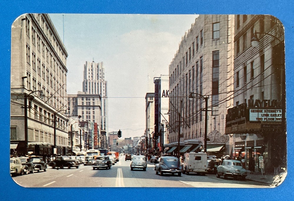 Main Street Downtown Akron OH Ohio Vintage Postcard Mayflower Theater Old Cars