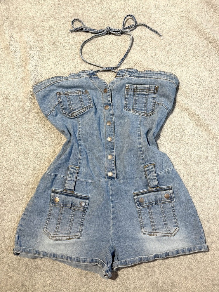Vintage 90’s Y2K Hot Kiss Denim Sleeveless Tube Top Romper Buttons Women’s Large