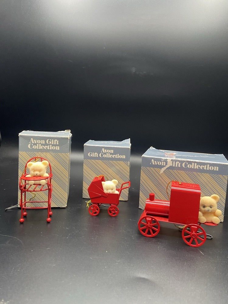 Lot of 3 Vintage Avon Gift Collection Teddy Bear Hanging Ornaments Red Metal