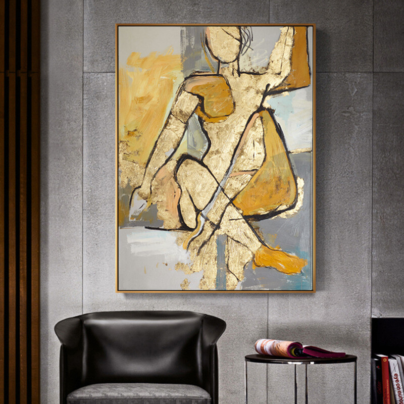 Handmade Abstract Golden Figure Oil Painting Modern Canvas Wall Art Decor