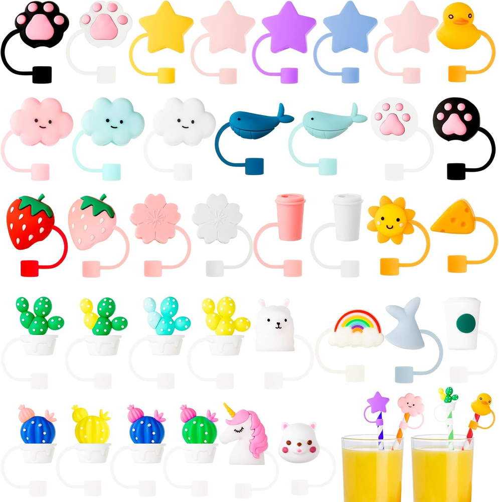 37 Pieces Silicone Straw Tip Cover Cute Reusable Straw Topper Dust Proof Drin...