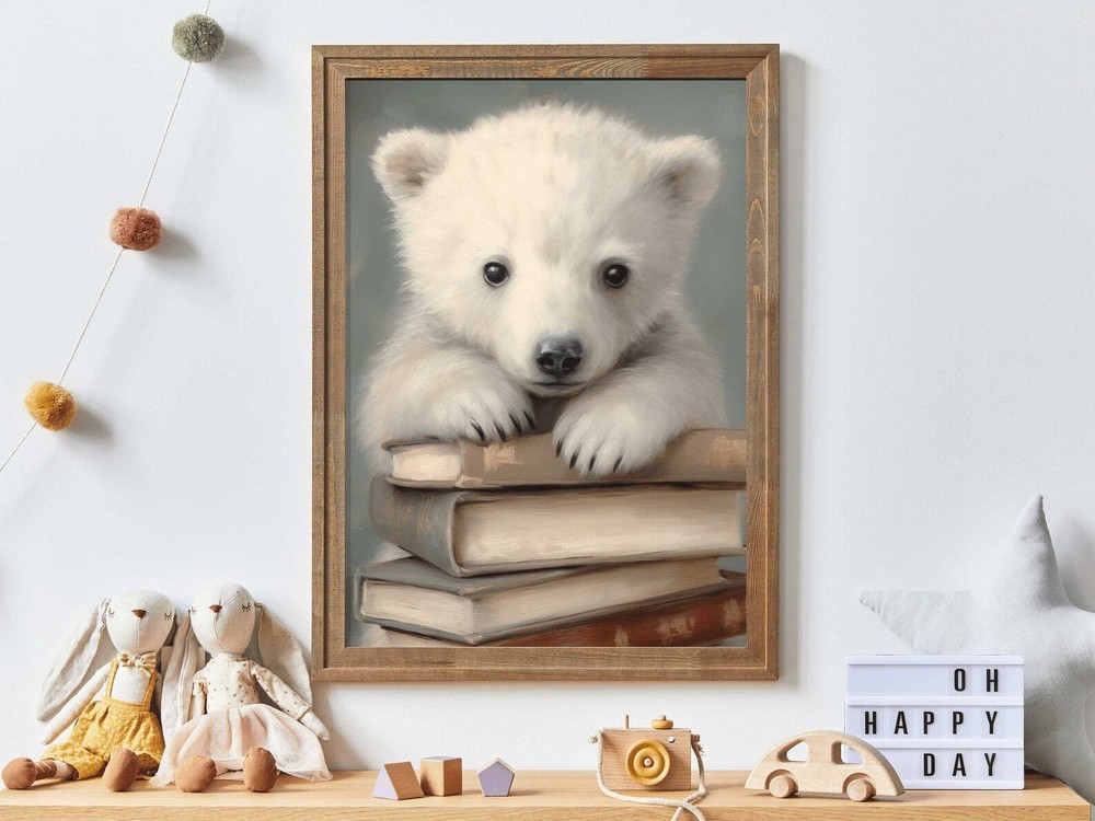 Reading Studying Wall Art Baby Polar Bear Cub Neutral Kids Room Animal Print