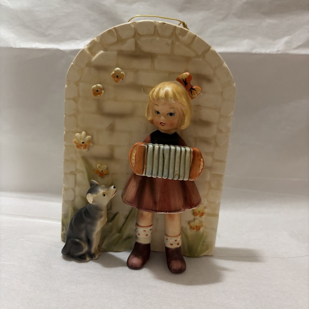 Vintage Erich Stauffer Girl Playing An Accordion With Dog Wall Hanging Figurine