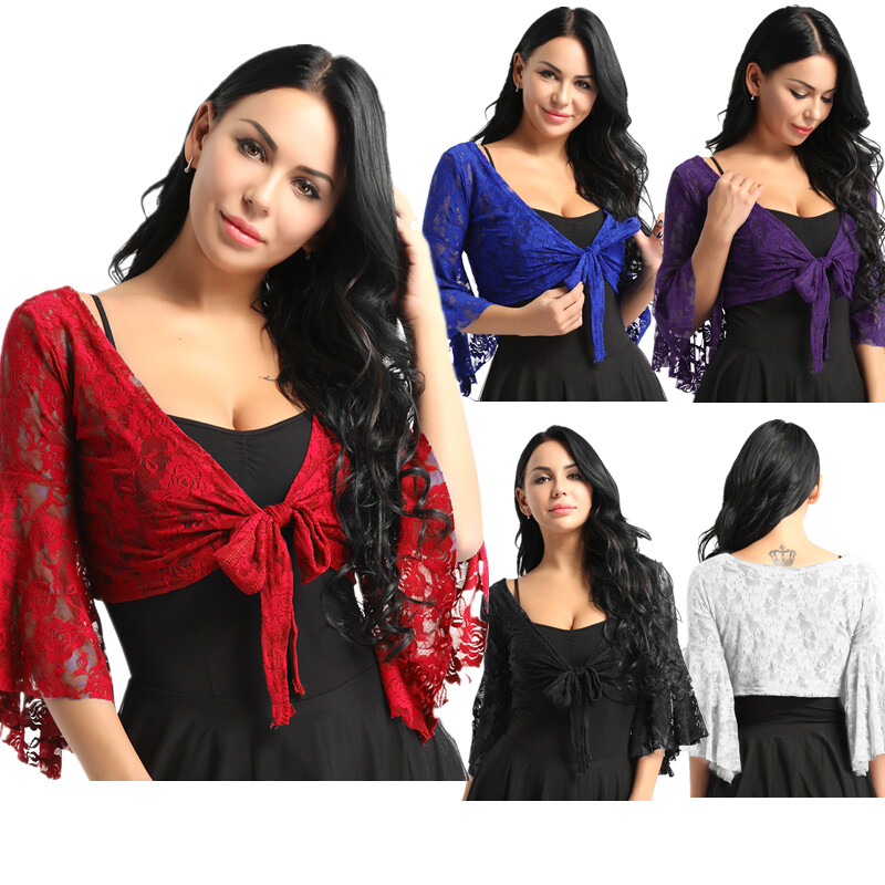 Womens Belly Dance Crop Top Lace Shrug Tops Long Sleeve Bolero Blouse Cardigan