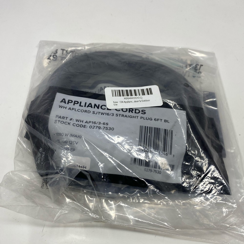 1329 6ft 16/3 SJTW Appliance Power Cord Straight 5-15P Black