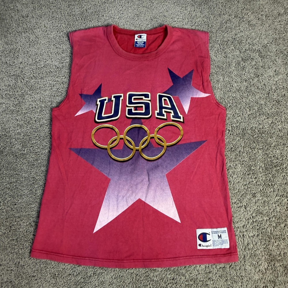 VTG 90s USA Olympic Team Champion Shirt Mens M Red Rings Sleeveless Crew Neck