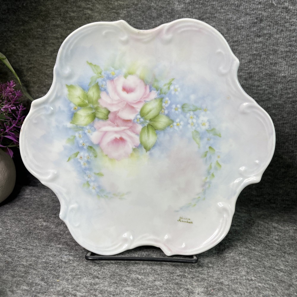 Porcelain Hand Painted Floral plate Signed Diana Marshall Decorative Roses VTG