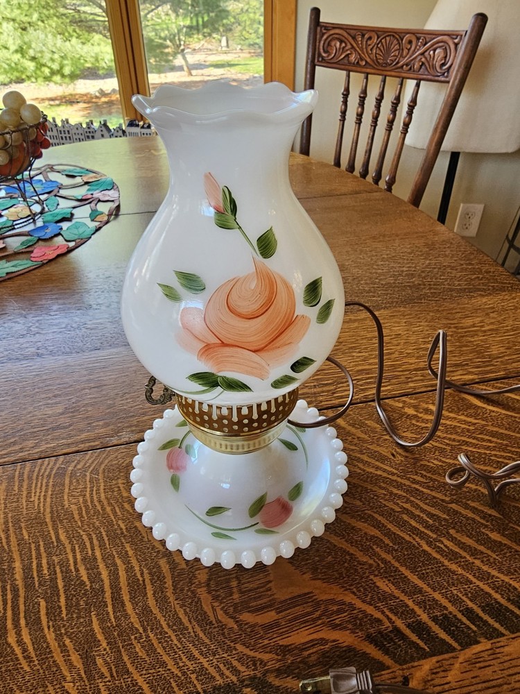 Vintage Milk Glass Floral Painted Hurricane Table Lamp 10 1/2