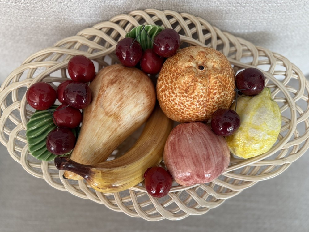 Vintage Bassano Fruit Bowl Ceramic Woven Basket MCM 1960s Made In Italy