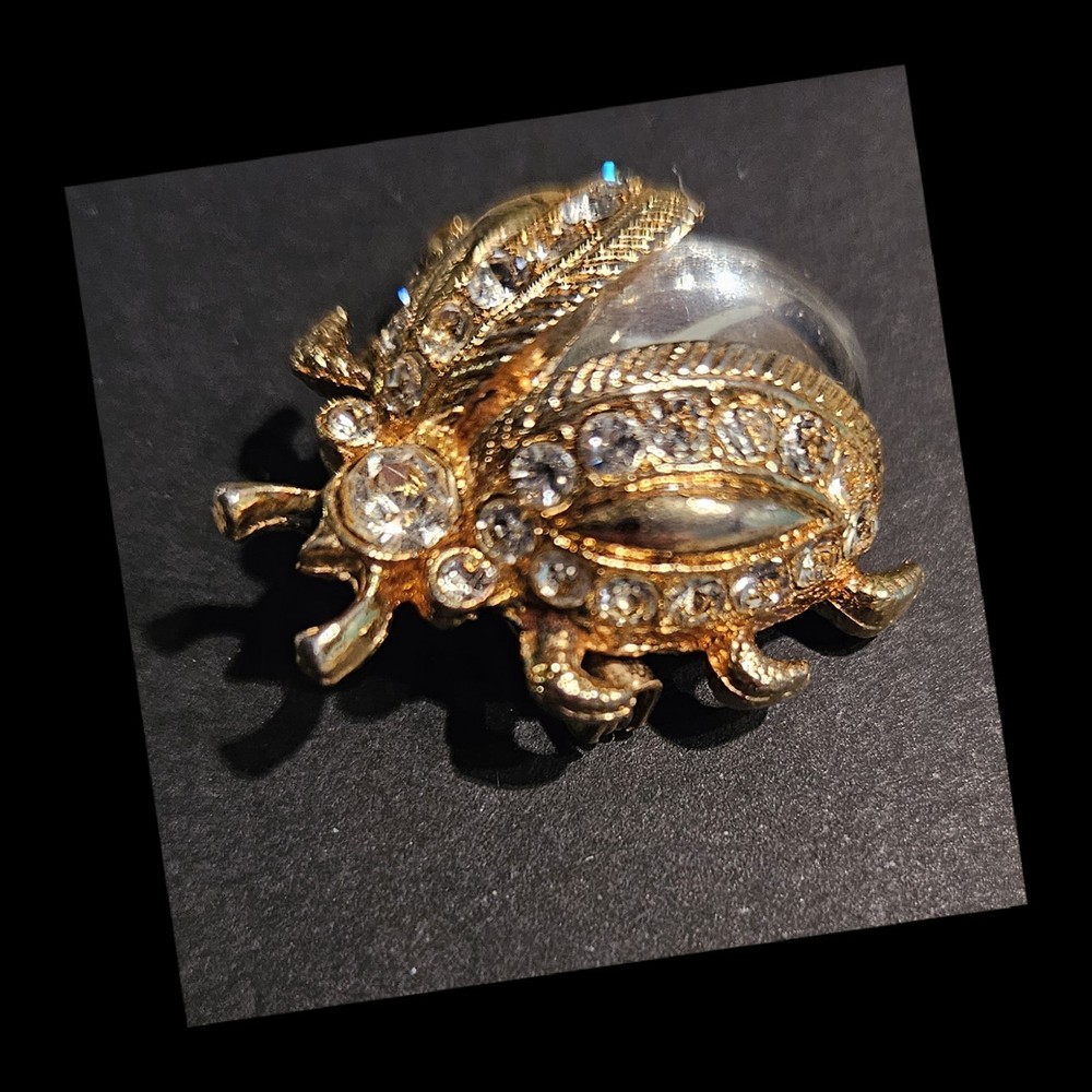 Gold Tone Insect Brooch Pin Clear Round Rhinestones Glass Dome Cabochon 1in
