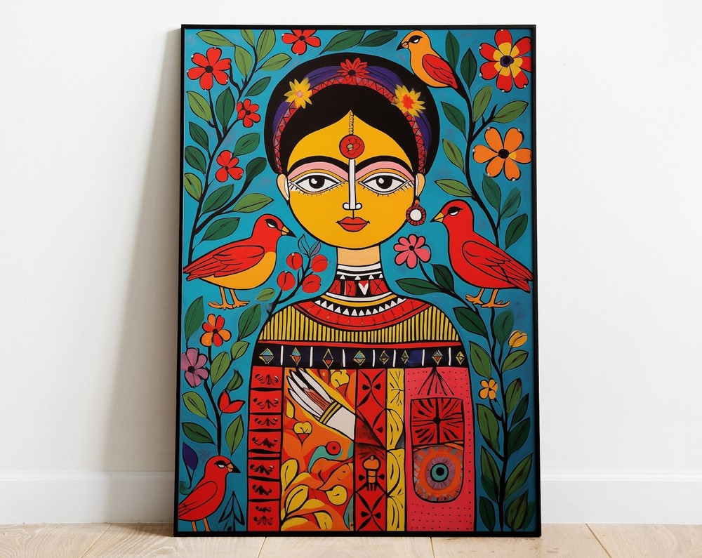 Freida Kahlo Madhubani Painting Modern Indian Folk Art Living Room Decor Wall