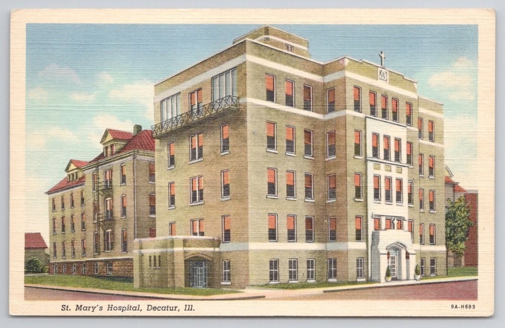 St. Mary's Hospital Decatur IL Vintage Linen Postcard Curteich Illinois