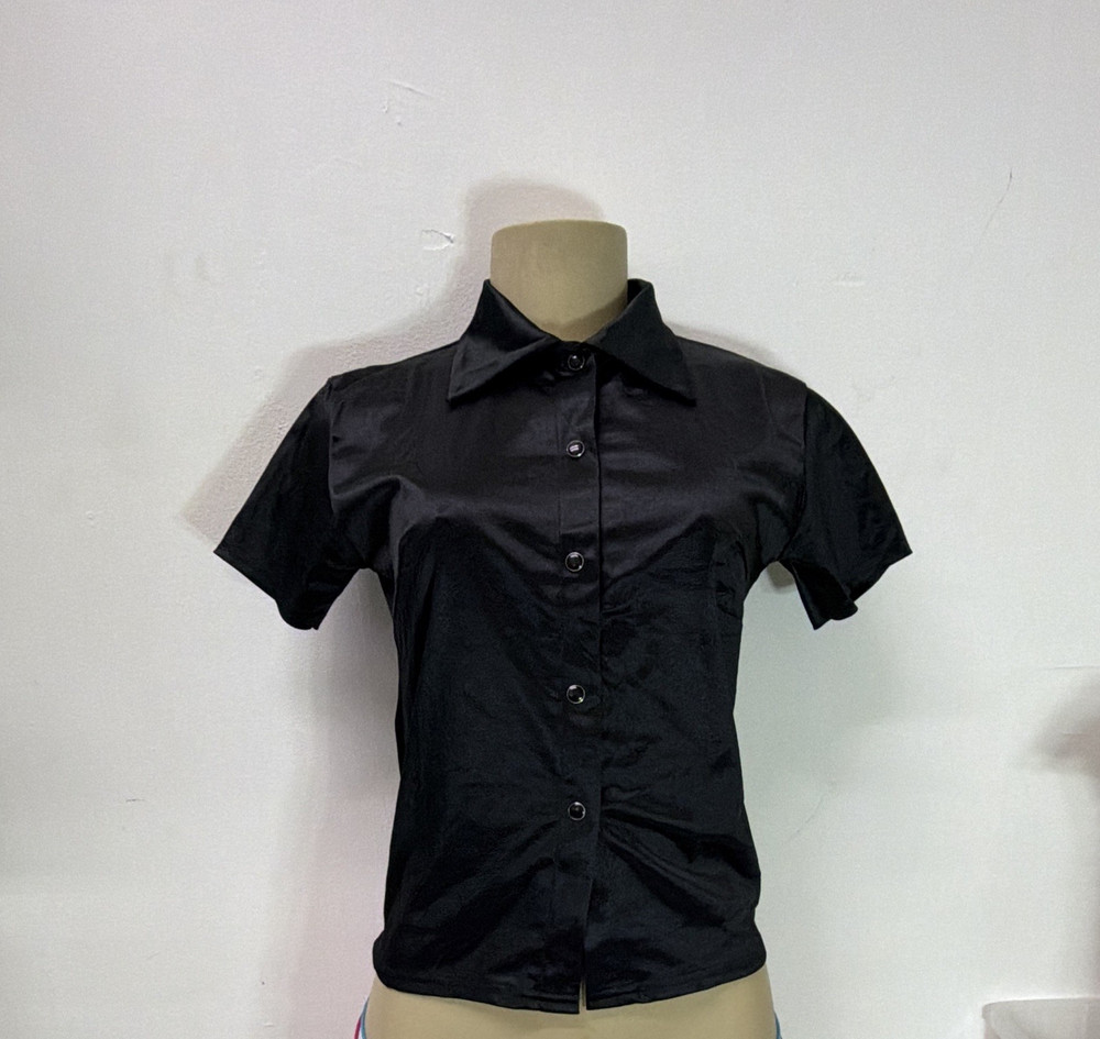 Cheryl Creations Black Satin Blouse, Button-Up Collared Short Sleeve M