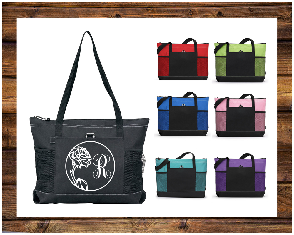 Custom Monogram Rose Tote Bag for Travel Gym Diapers or Gift