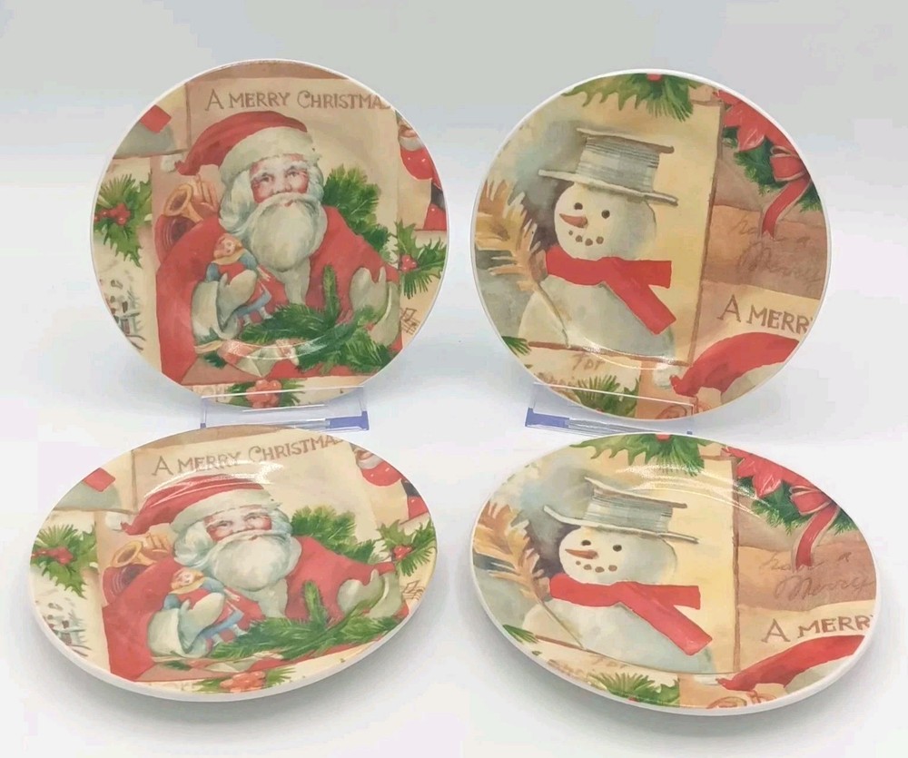 Vintage Themed Christmas Appetizer Plates Set of 4 Santa and Snowman