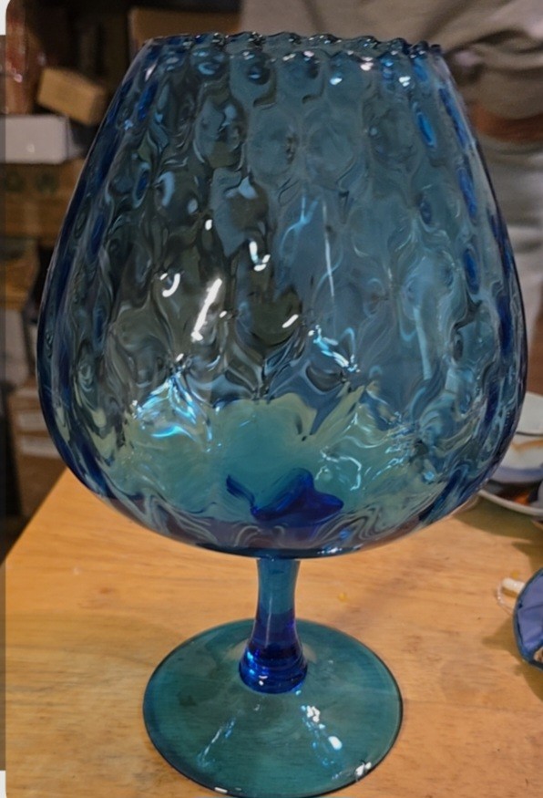 Large Vtg Empoli Italian Glass Bowl, Brandy Snifter, Pedestal Vase Blue Optic,