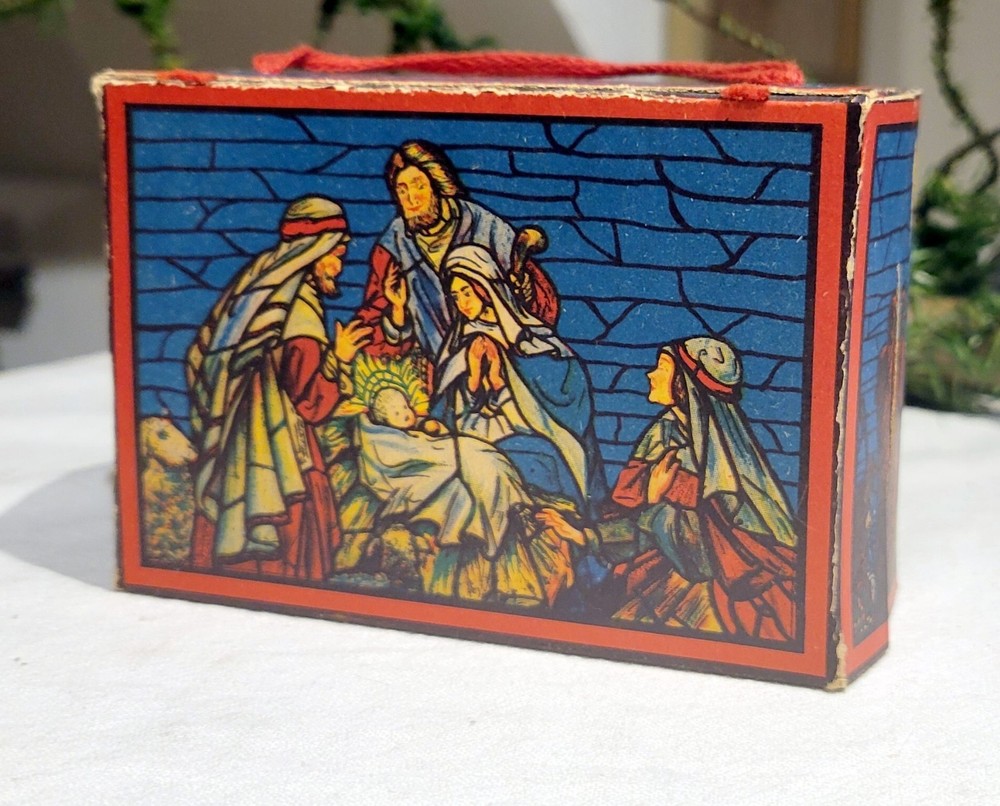 Christmas Candy Box & Ornament, Birth of Jesus: Nativity themed. USA, 1930s