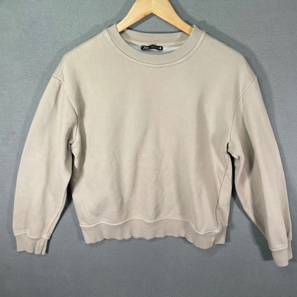 Zara Womens Crewneck Oversized Sweatshirt Medium Beige Fleece Pullover Minimal