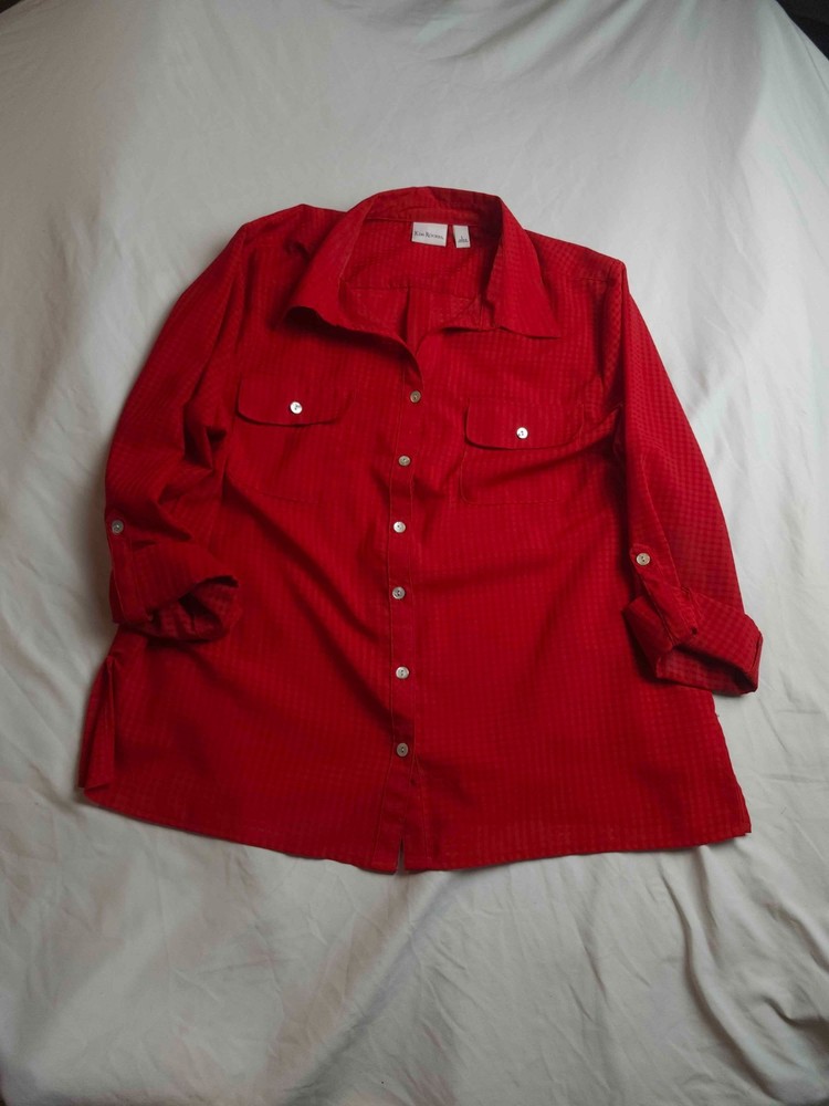 Kim Rogers Shirt Womens L Red Roll Tab Sleeve Button Up Grid Texture Blouse