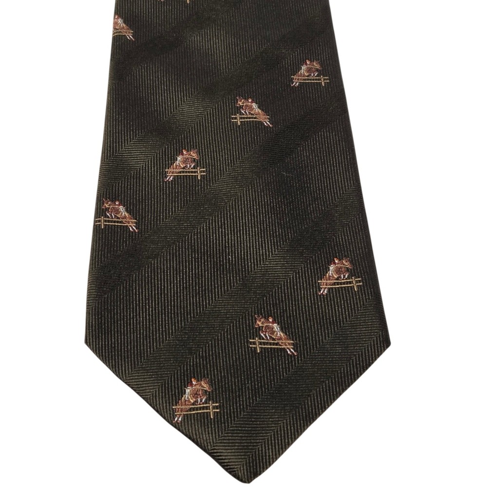 Vtg Brooks Brothers Tie Mens Olive Green Silk Equestrian Horse Jump Herringbone