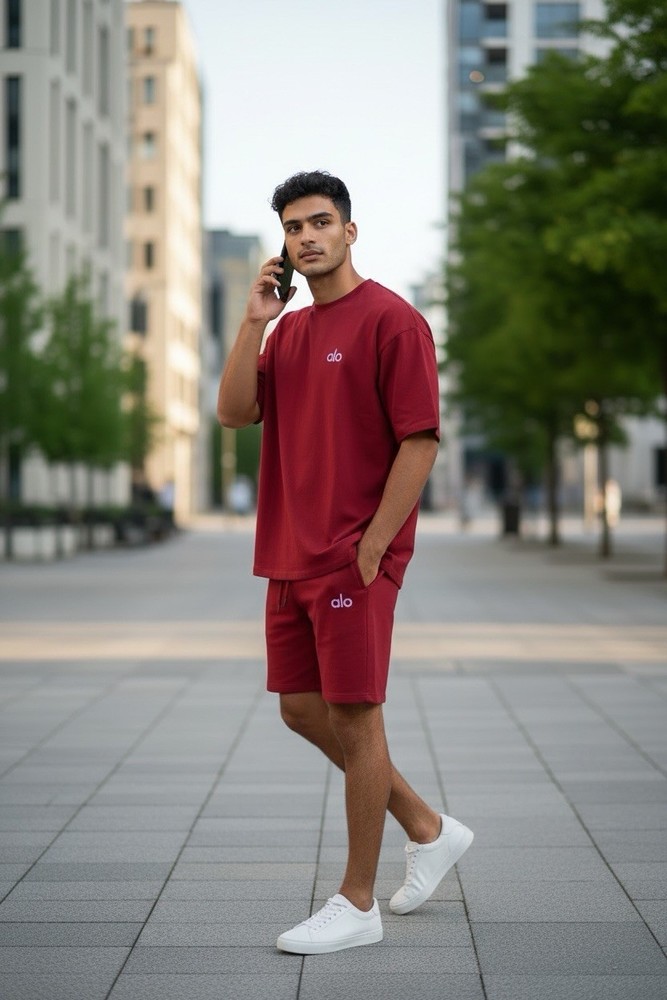 Alo Men's Red Logo 2-Piece T-Shirt & Shorts Set Crew Neck Drawstring XL