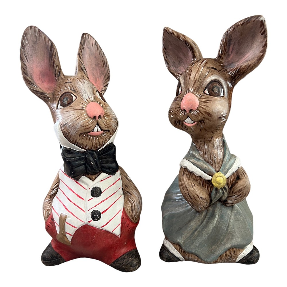 Vintage Pair Painted Ceramic Bunny Rabbits Pendelfin Style 60s Retro