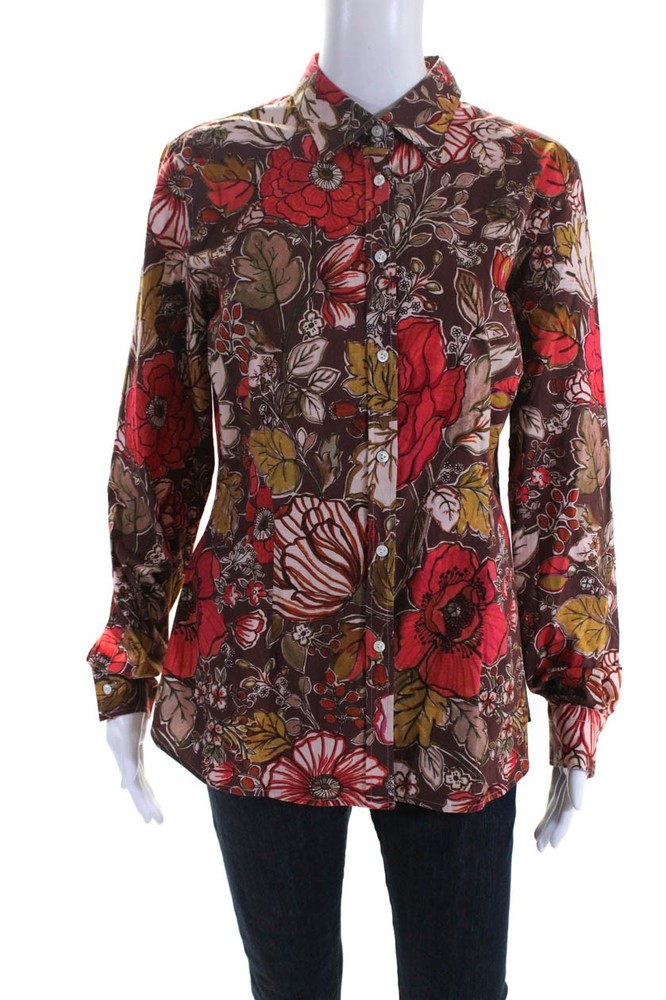 Sharis Womens Valentina Floral Button Up Blouse Red Brown Size IT 48 LL19L