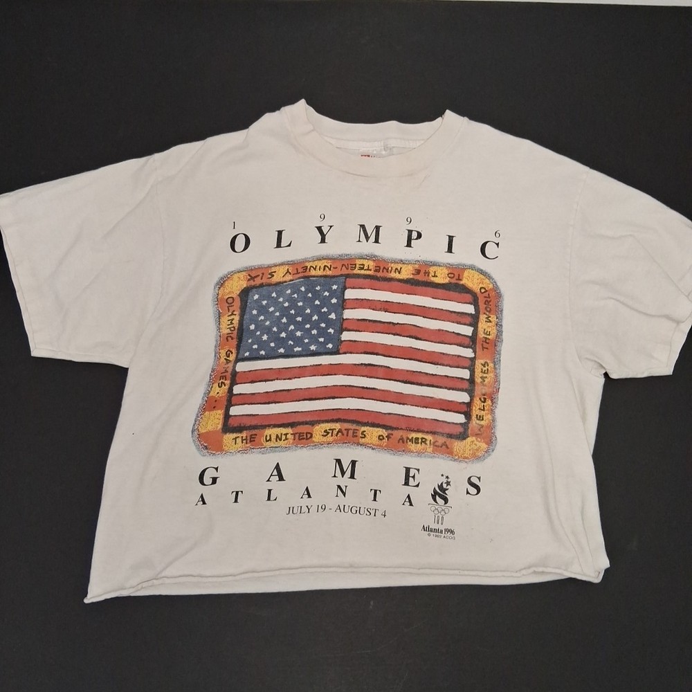 Vintage 90s Atlanta 1996 Olympics American Flag Single Stitch Half T-Shirt Large