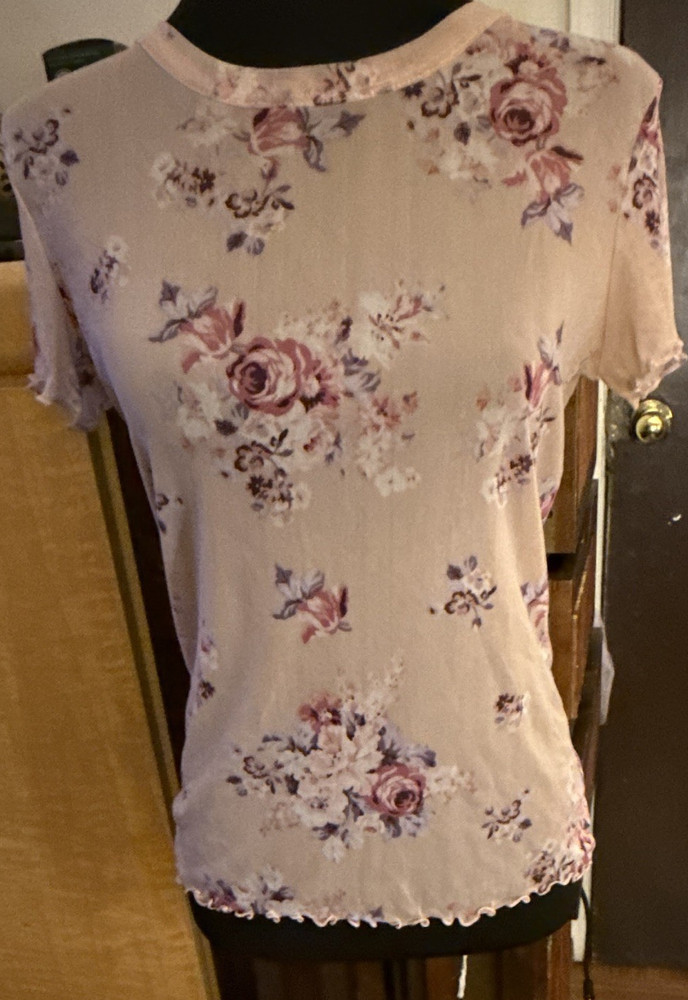 polly&esther Beige Floral Sheer Mesh Short Sleeve Crew Neck T-Shirt Women's S