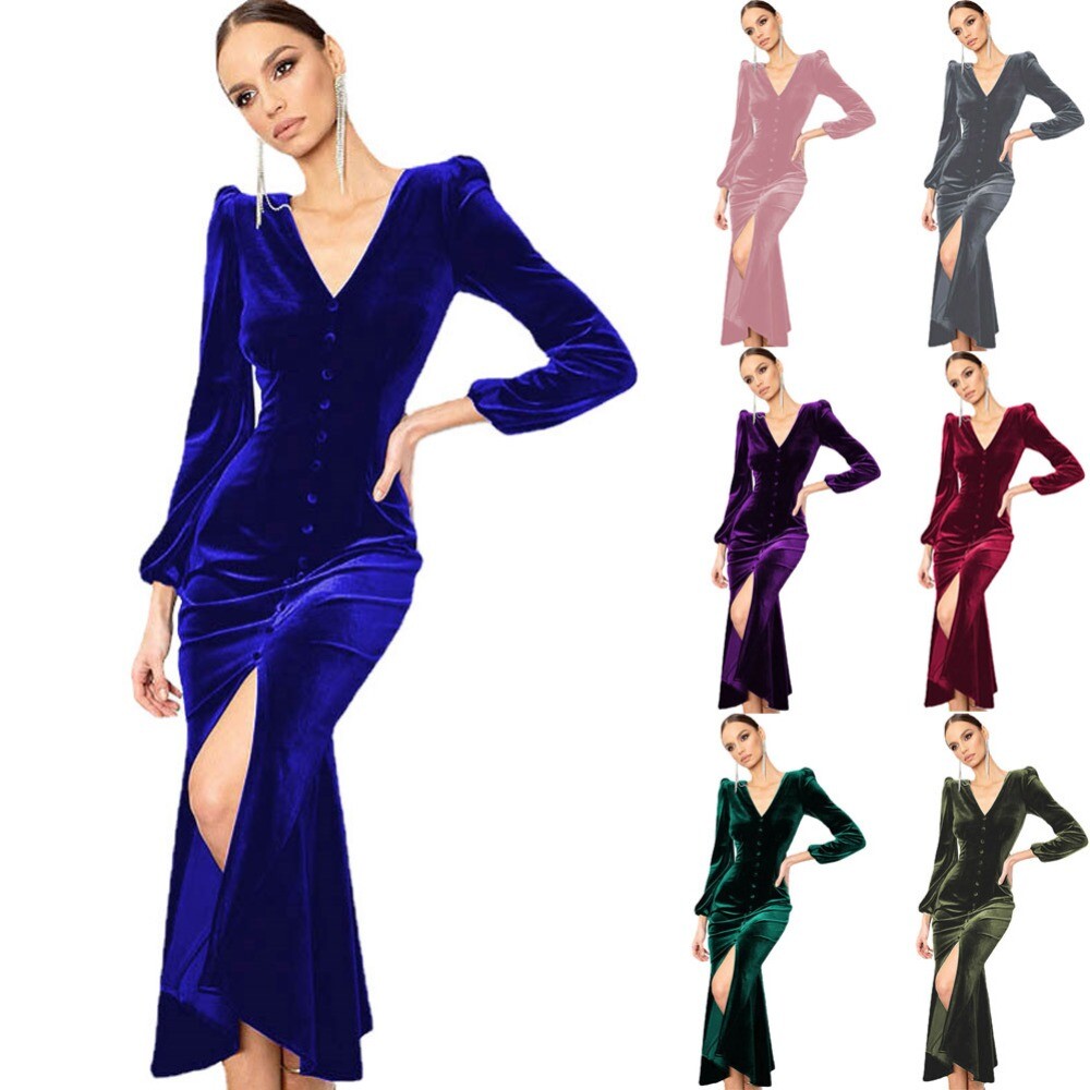 Knit V-neck solid color long sleeve midi dress