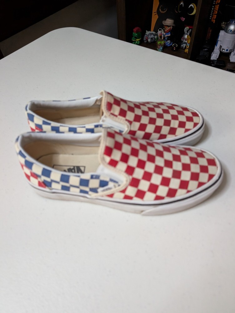 Vans Classic Slip-On Checkerboard Red Blue Cream Men's Shoes US 7.5 Sneakers