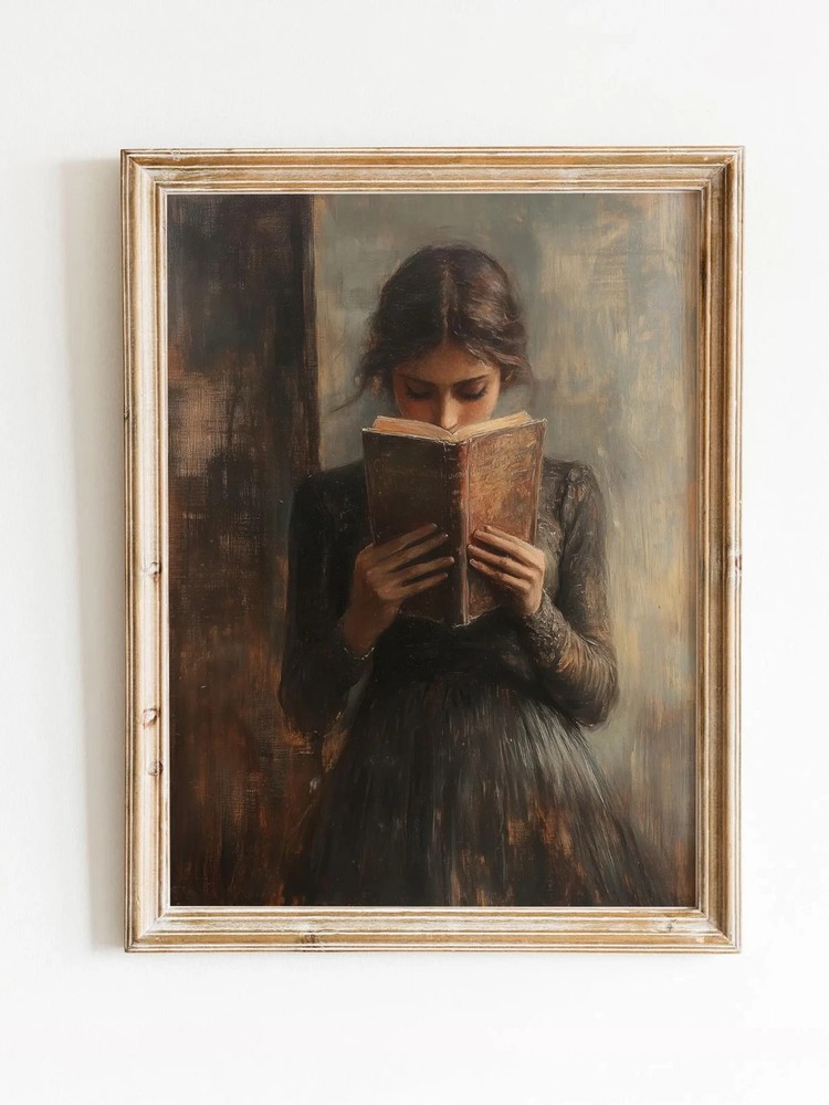 Victorian Woman Reading Bookish Wall Art Print Vintage Dark Academia Library