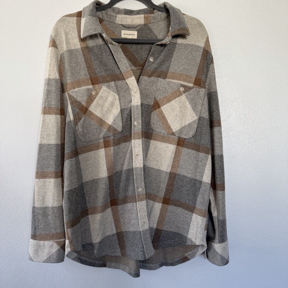 Thread & Supply Button Up Shirt Jacket Shacket Womens XL Grey Plaid Soft Flannel