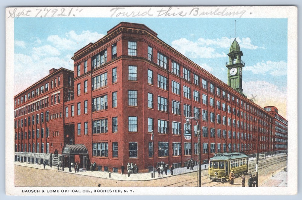 NY Rochester Bausch & Lomb Optical Company c1921 Streetcar Postcard
