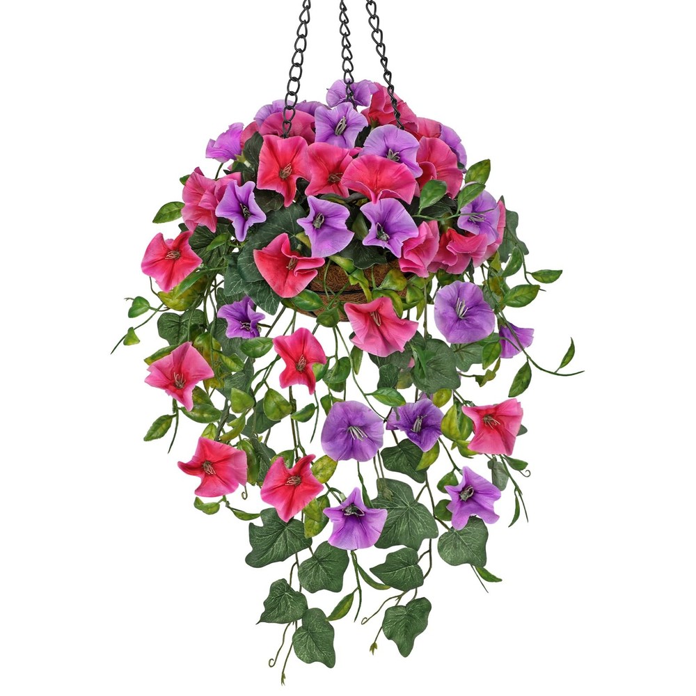 Fake Hanging Flowers with Basket, Artificial Morning Glory Hanging Plants Fau...