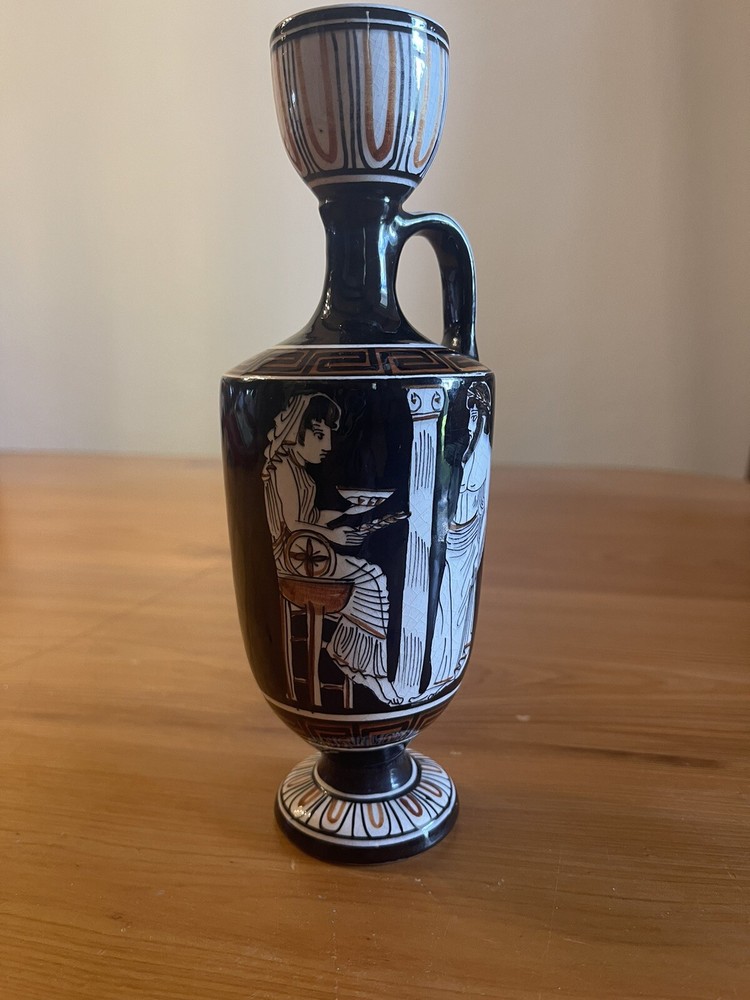 Greek Pitcher Vase Depicting King Eageas Consulting Oracle Themis 8.75in Tall