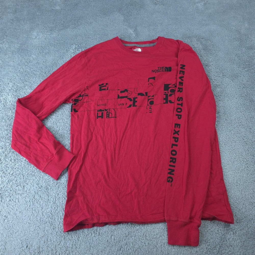 The North Face Shirt Mens Medium Red Long Sleeve Never Stop Exploring Logo Tee