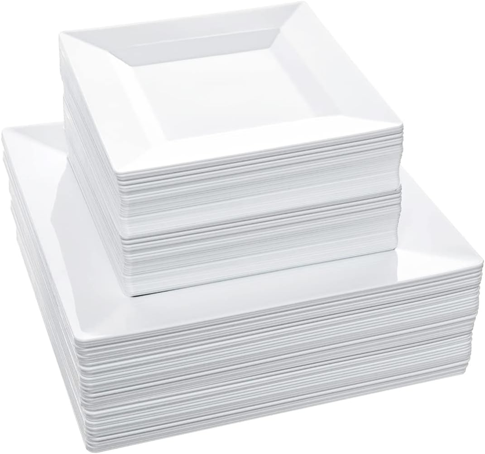 Disposable Square Plastic Plates - 100 Pack - 50 X 9.5 Dinner and 50 X 6.5 Salad